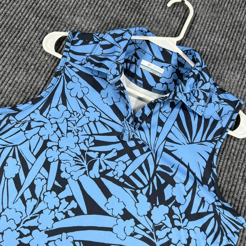 Columbia Polo Shirt Womens Small Blue Sleeveless Floral Golf Outdoor Casual